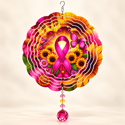 Illustrative front mockup of Pink Ribbon and Sunflower 8-inch wind spinner with example pink yellow and rose-red prisms
