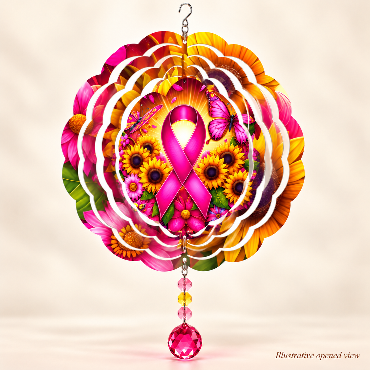 Illustrative opened view of Pink Ribbon and Sunflower 8-inch wind spinner