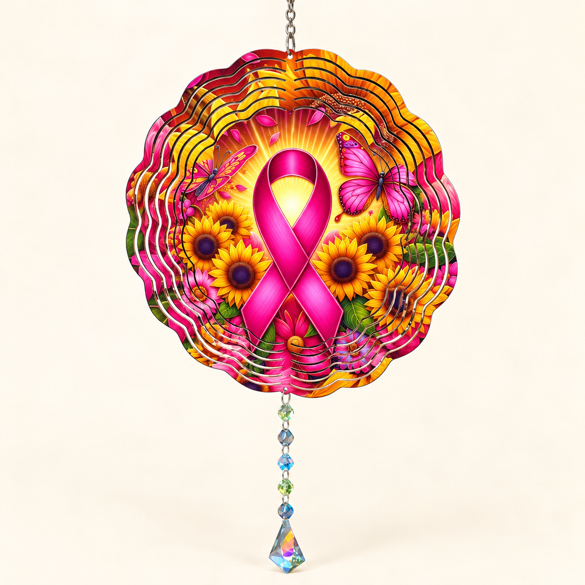 Pink awareness ribbon and sunflower wind spinner mockup on cream background