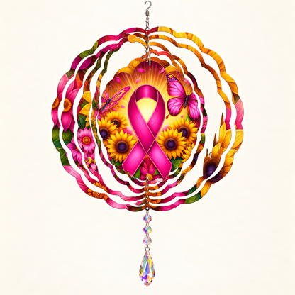 Opened pink ribbon sunflower wind spinner mockup with example crystal suncatcher