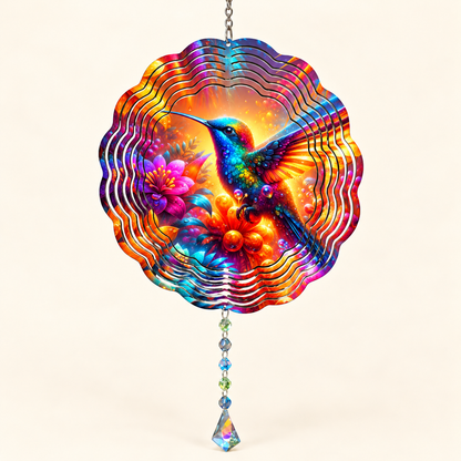 Rainbow hummingbird and vibrant flowers wind spinner on cream, illustrative front mockup