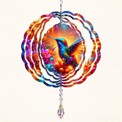 Rainbow hummingbird wind spinner opened into shape on cream, illustrative mockup with example suncatcher