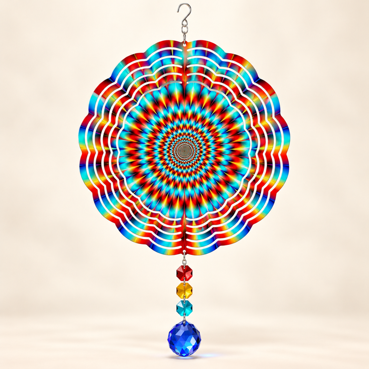 Illustrative flat view of rainbow optical illusion 8-inch spinner with example prism colors