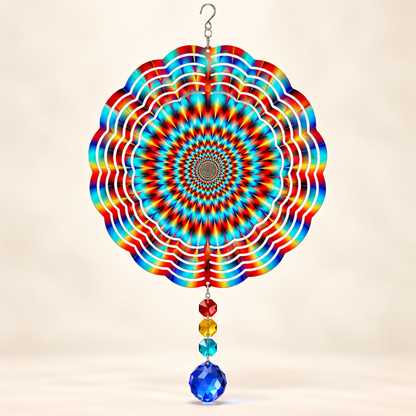 Illustrative flat view of rainbow optical illusion 8-inch spinner with example prism colors