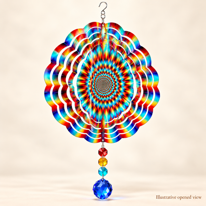 Illustrative opened view of rainbow optical illusion 8-inch wind spinner with four example prisms