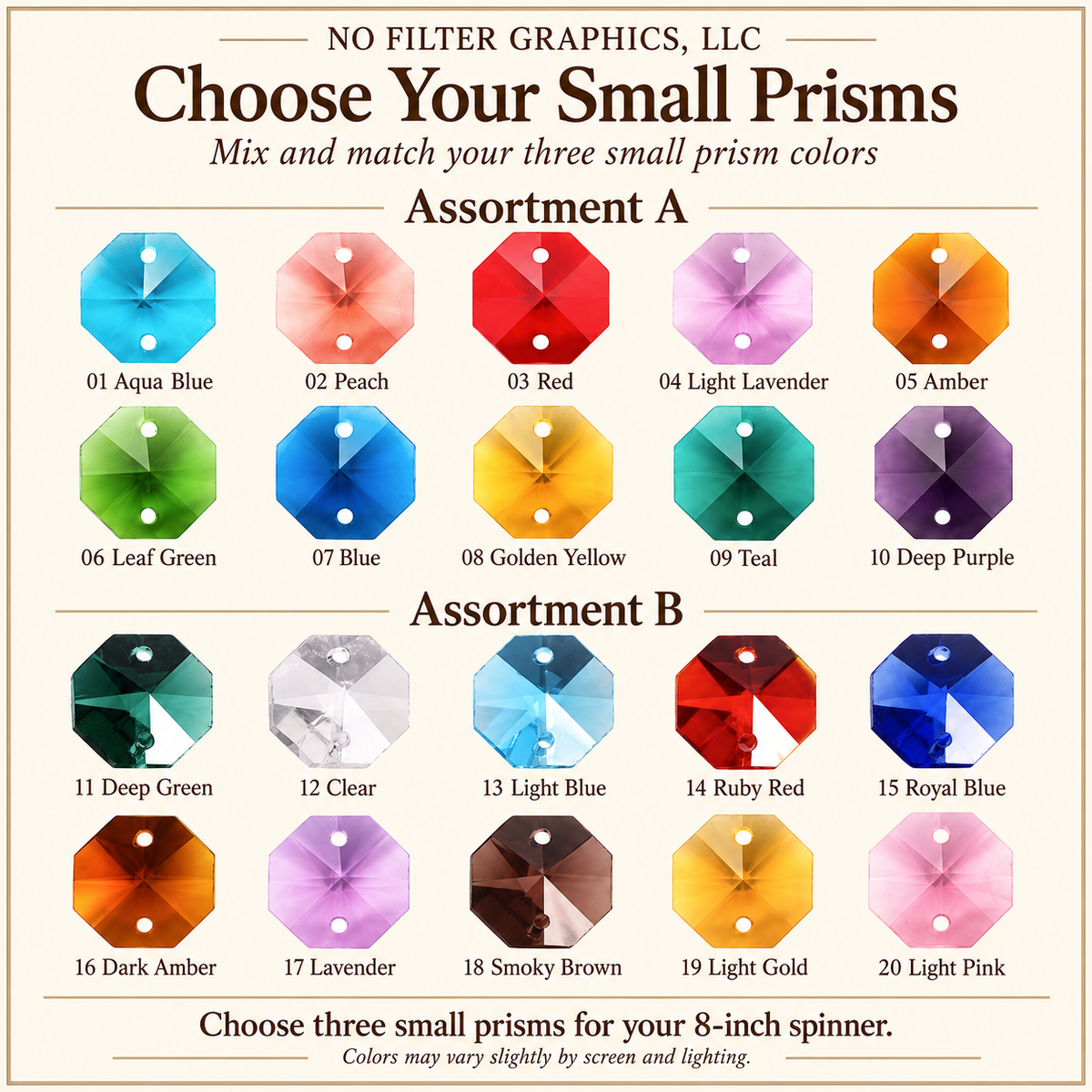 Twenty numbered small prism colors; choose three