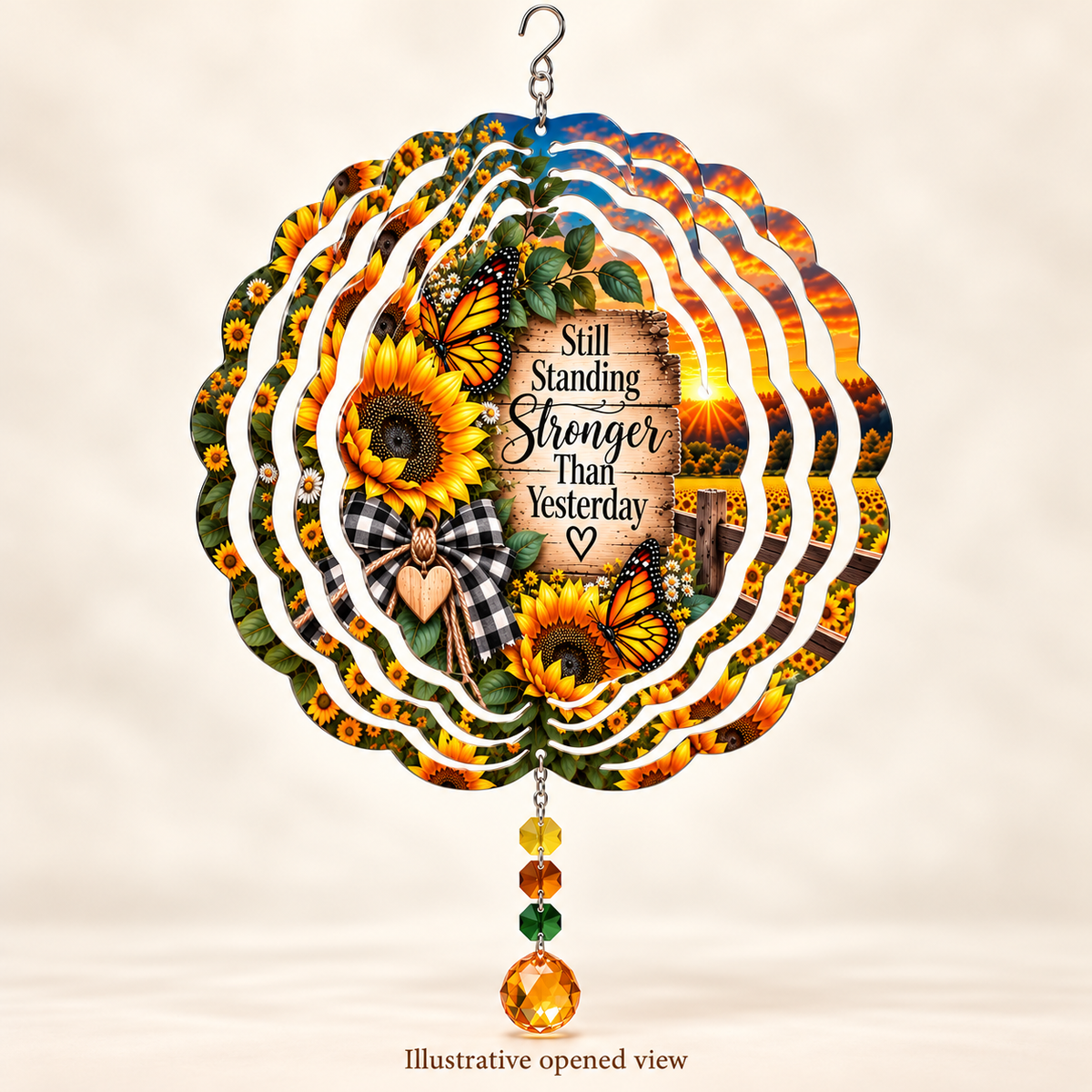 Illustrative opened view of Still Standing sunflower butterfly 8-inch wind spinner with example prisms