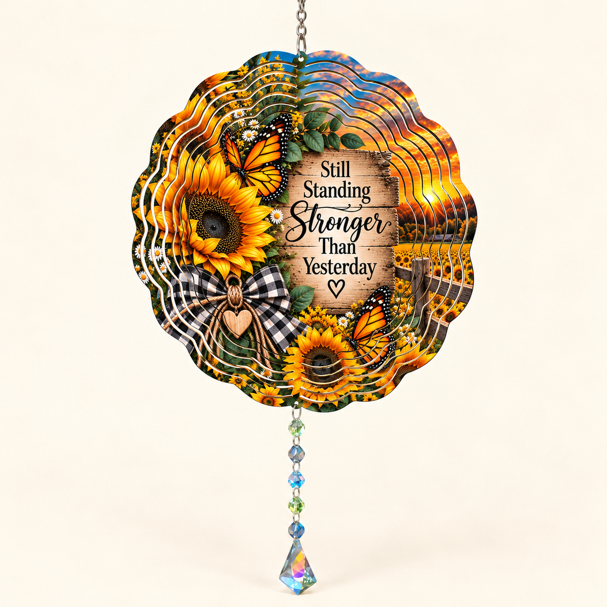Still Standing Stronger Than Yesterday sunflower butterfly wind spinner mockup on cream background