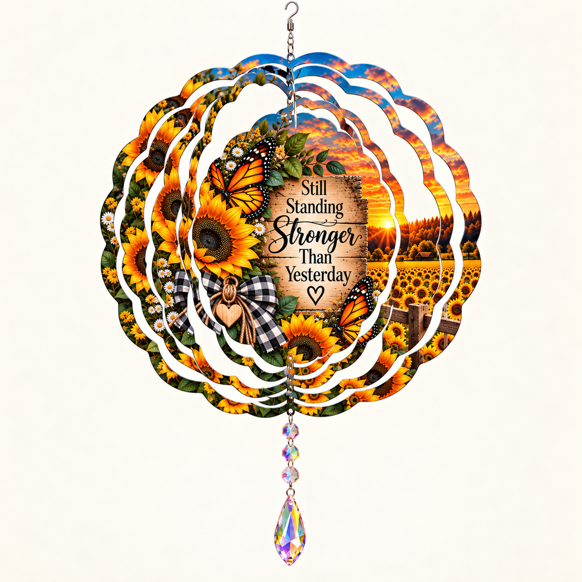 Opened sunflower butterfly Still Standing wind spinner mockup with example crystal suncatcher