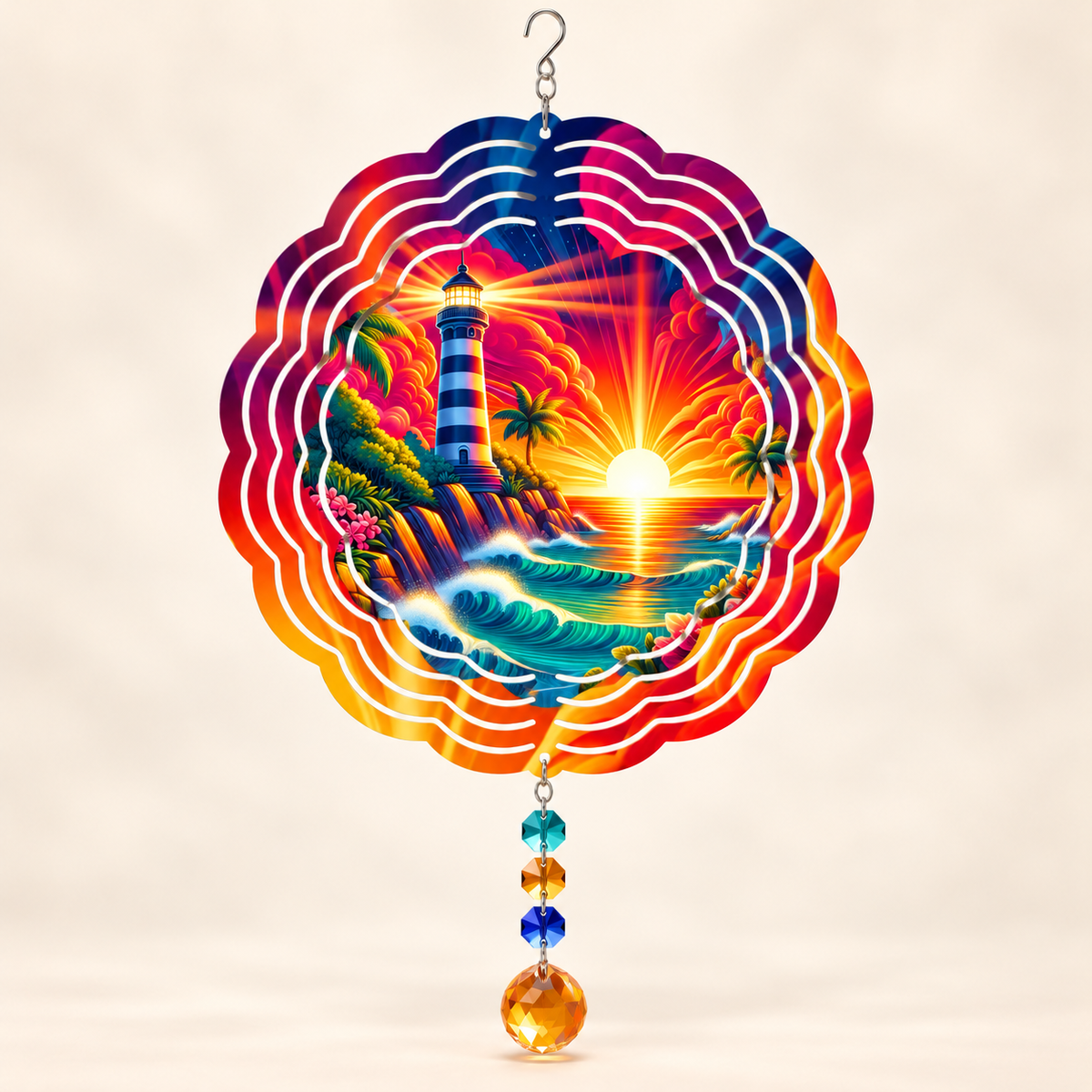 Illustrative front mockup of Tropical Lighthouse Sunset 8-inch spinner with example teal amber royal blue prisms