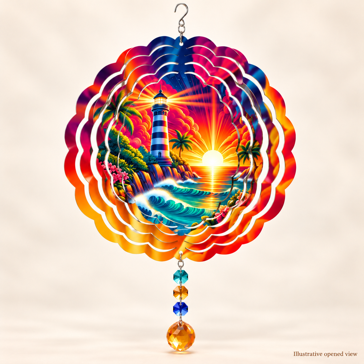 Illustrative opened view of Tropical Lighthouse Sunset 8-inch wind spinner