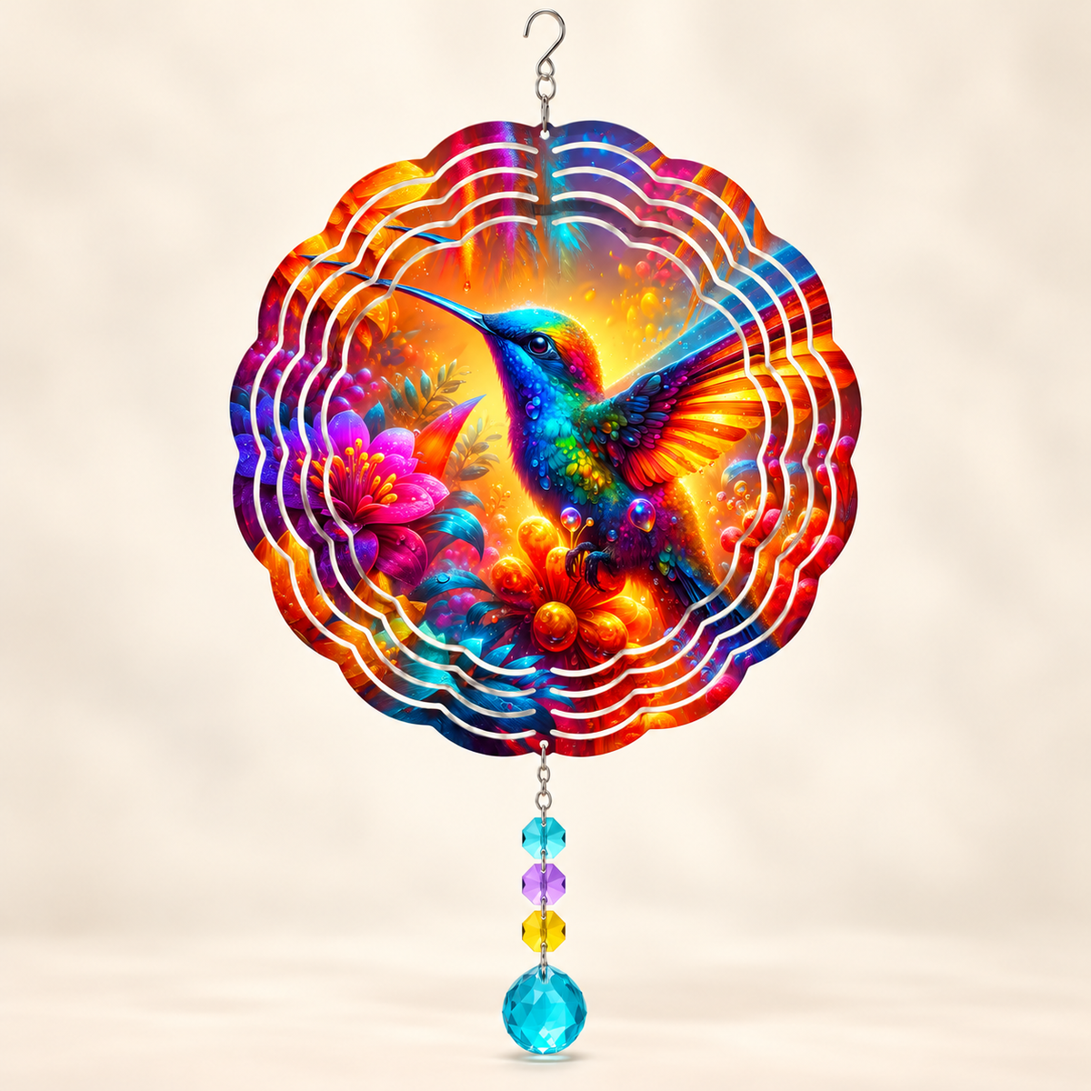 Illustrative front mockup of vibrant hummingbird 8-inch spinner with aqua lavender yellow and turquoise example prisms