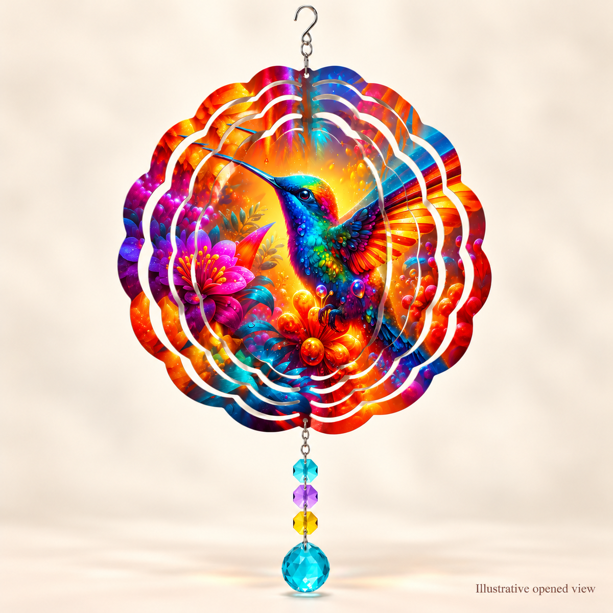 Illustrative opened view of vibrant hummingbird 8-inch spinner with example prisms