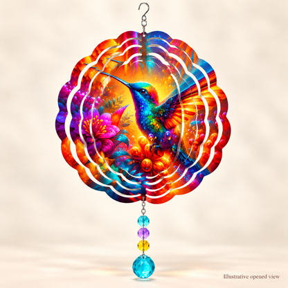 Illustrative opened view of vibrant hummingbird 8-inch spinner with example prisms