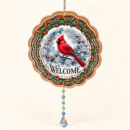 Winter Cardinal Welcome aluminum wind spinner on cream, illustrative front mockup