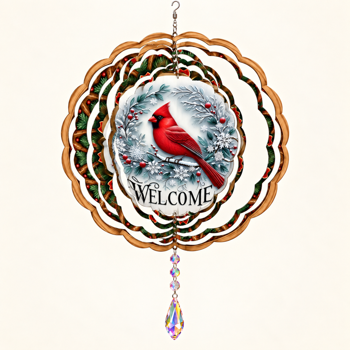 Winter Cardinal Welcome wind spinner opened into shape on cream, illustrative mockup with example suncatcher